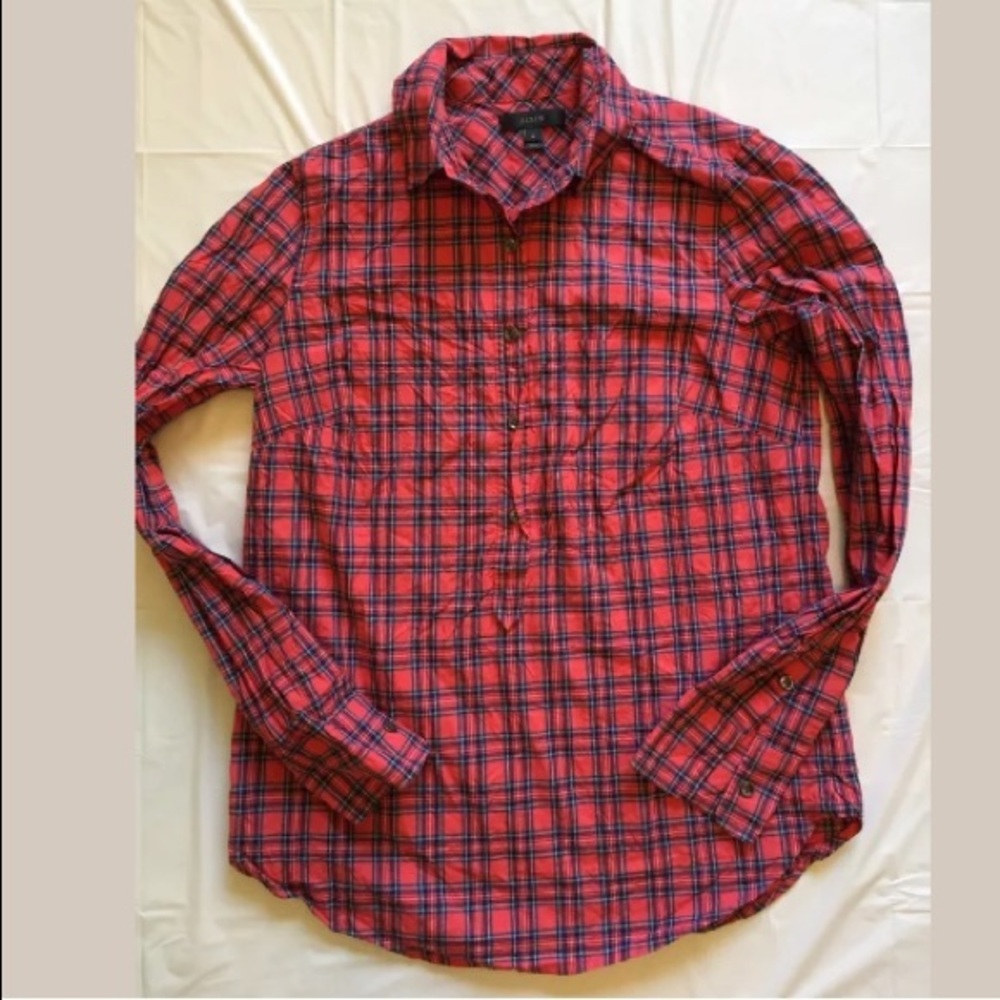 J CREW RED PLAID POPVER BLOUSE‎ 0